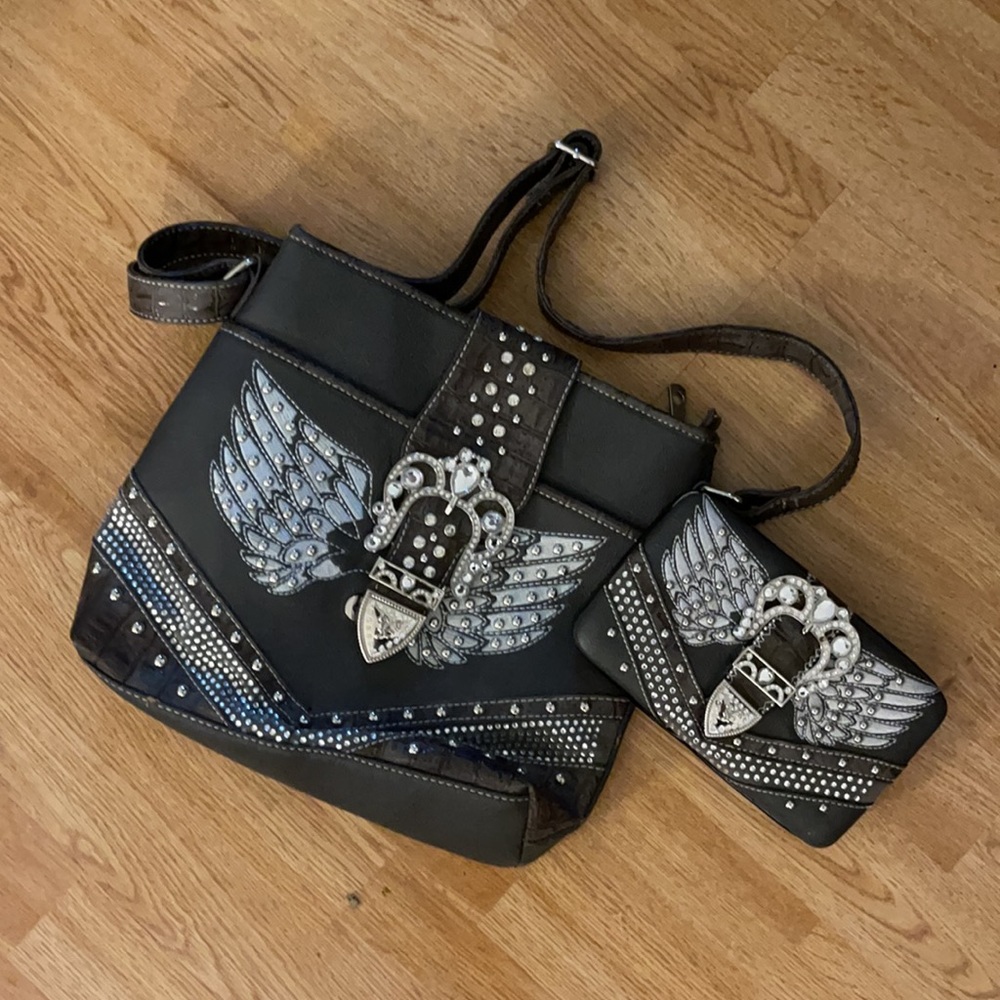Faux Leather Crossbody Embellished Angel Wing Western Purse with matching Wallet